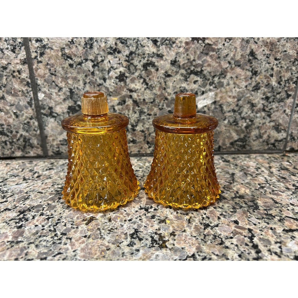 Vintage Amber Glass Diamond Point Peg Votive Candle Holders Set of 2 Mid Century